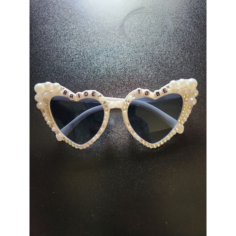 Bride to Be Heart Sunglasses Pearl Rhinestone White Bridal Bachelorette Glasses